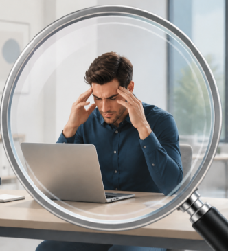 Représentation d'une loupe dirigée vers une personne qui semble cogiter devant un PC portable